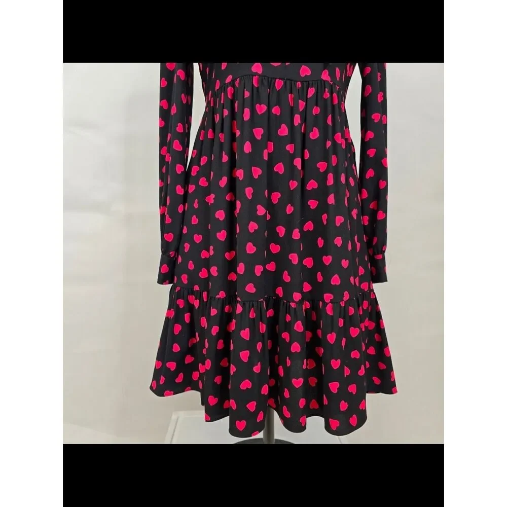 Kate Spade New York Black Pink Heart Print Tie Neck Dress Size 8